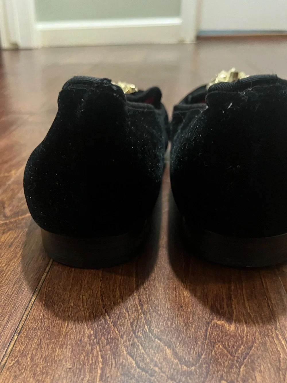 Black Velvet Slip-On Loafers with Rose Gold Accents